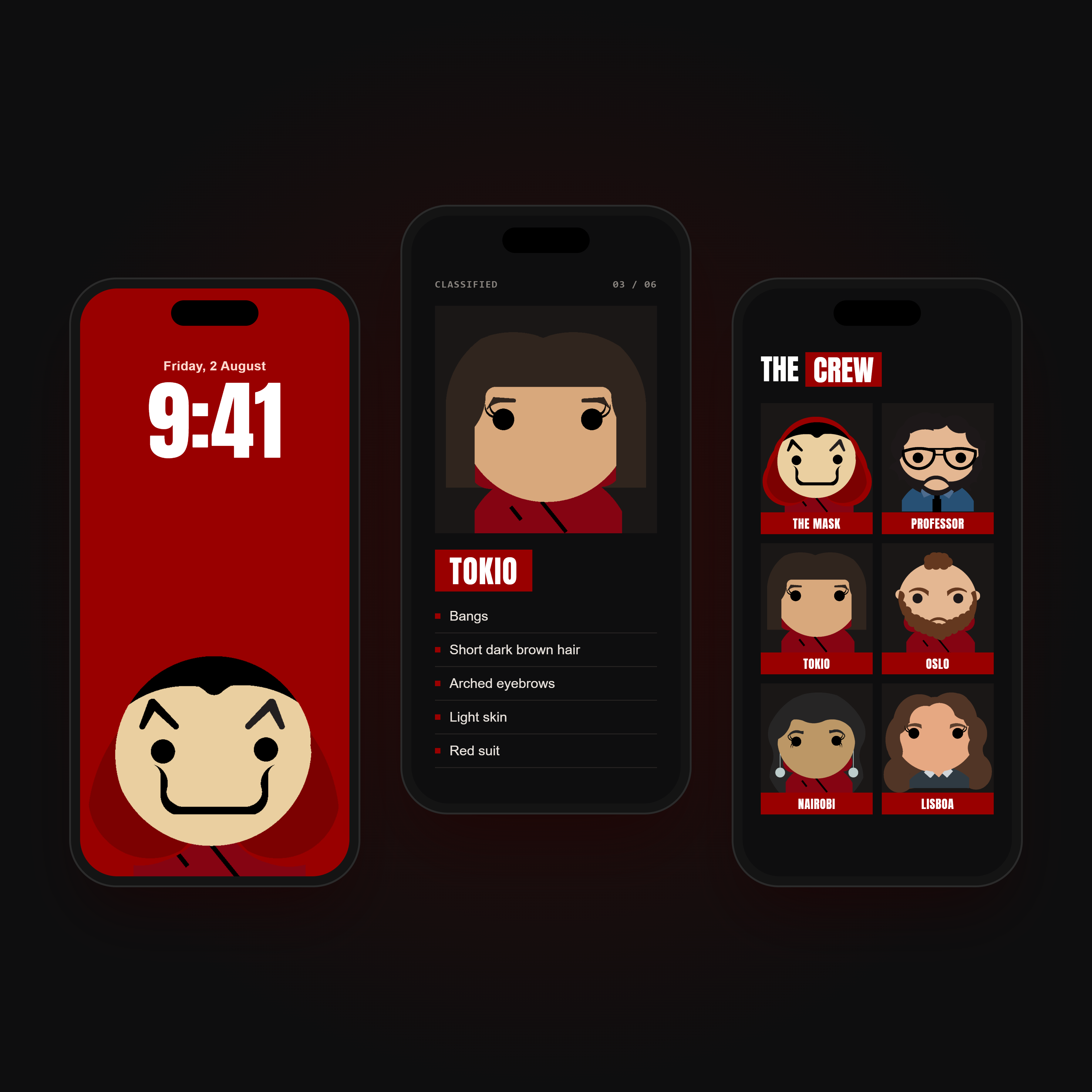 Money Heist character icons on three phones