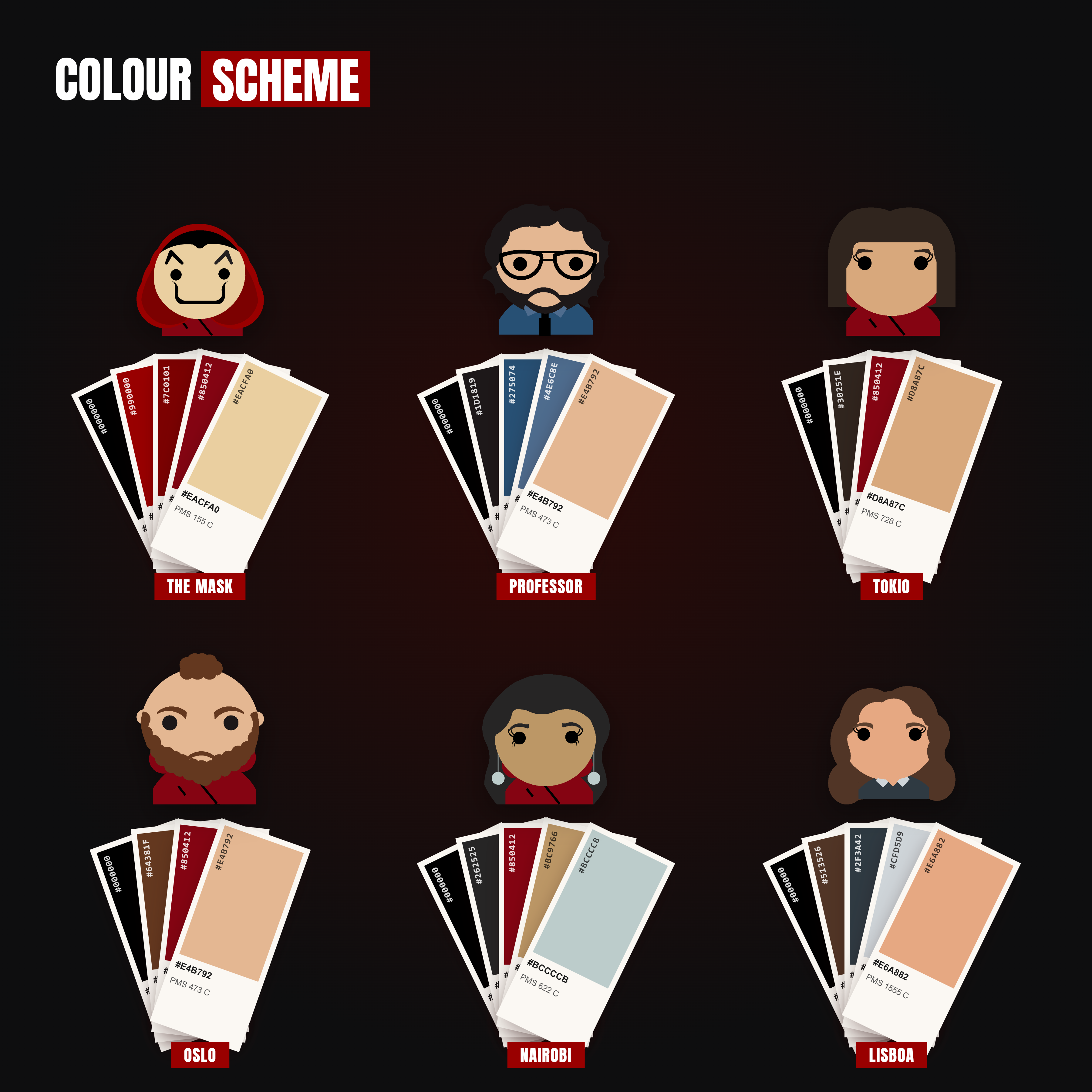 Colour scheme: each of the six characters above a fan of swatches with hex and Pantone values