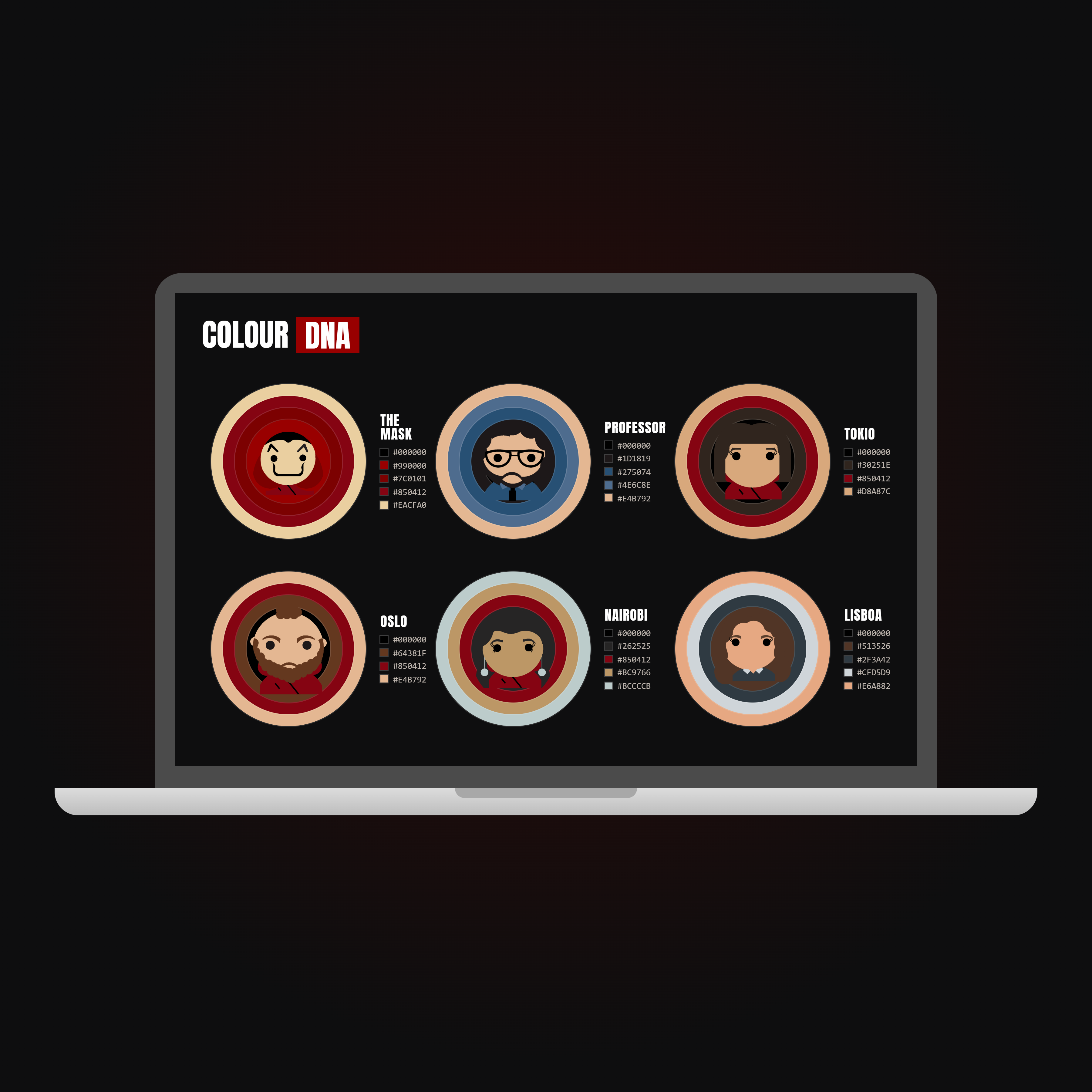 Colour DNA: each character inside concentric rings of their palette, with hex codes, on a laptop