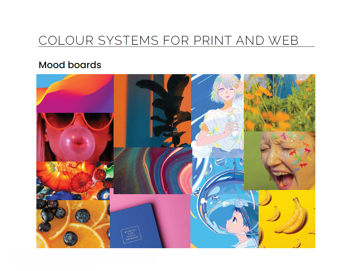 Enthuze mood board: fruit, bubblegum, glitter, flowers, liquid colour swirls and bright illustration in orange, yellow, pink and blue