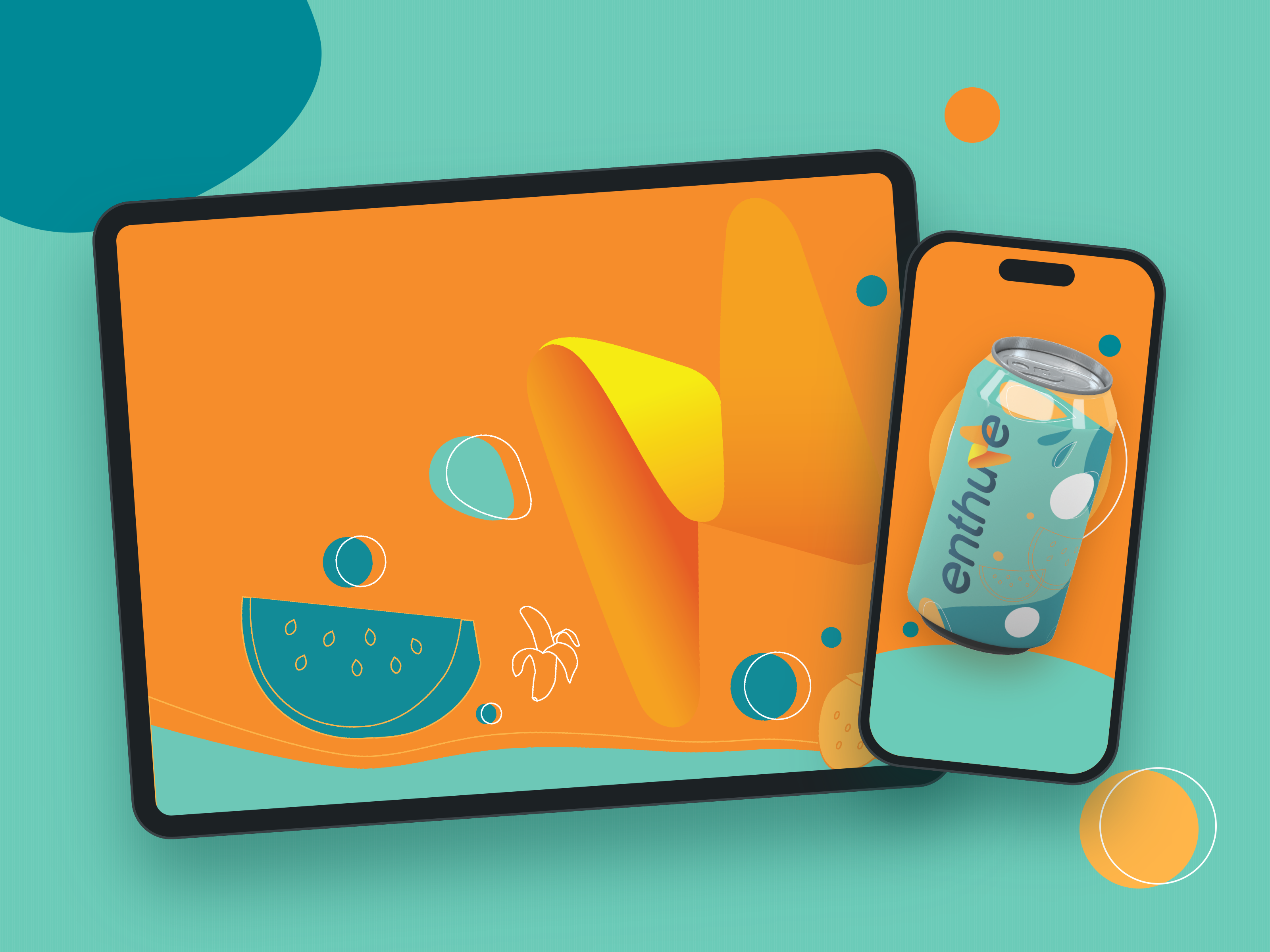 Enthuze can and brand artwork on a tablet and phone