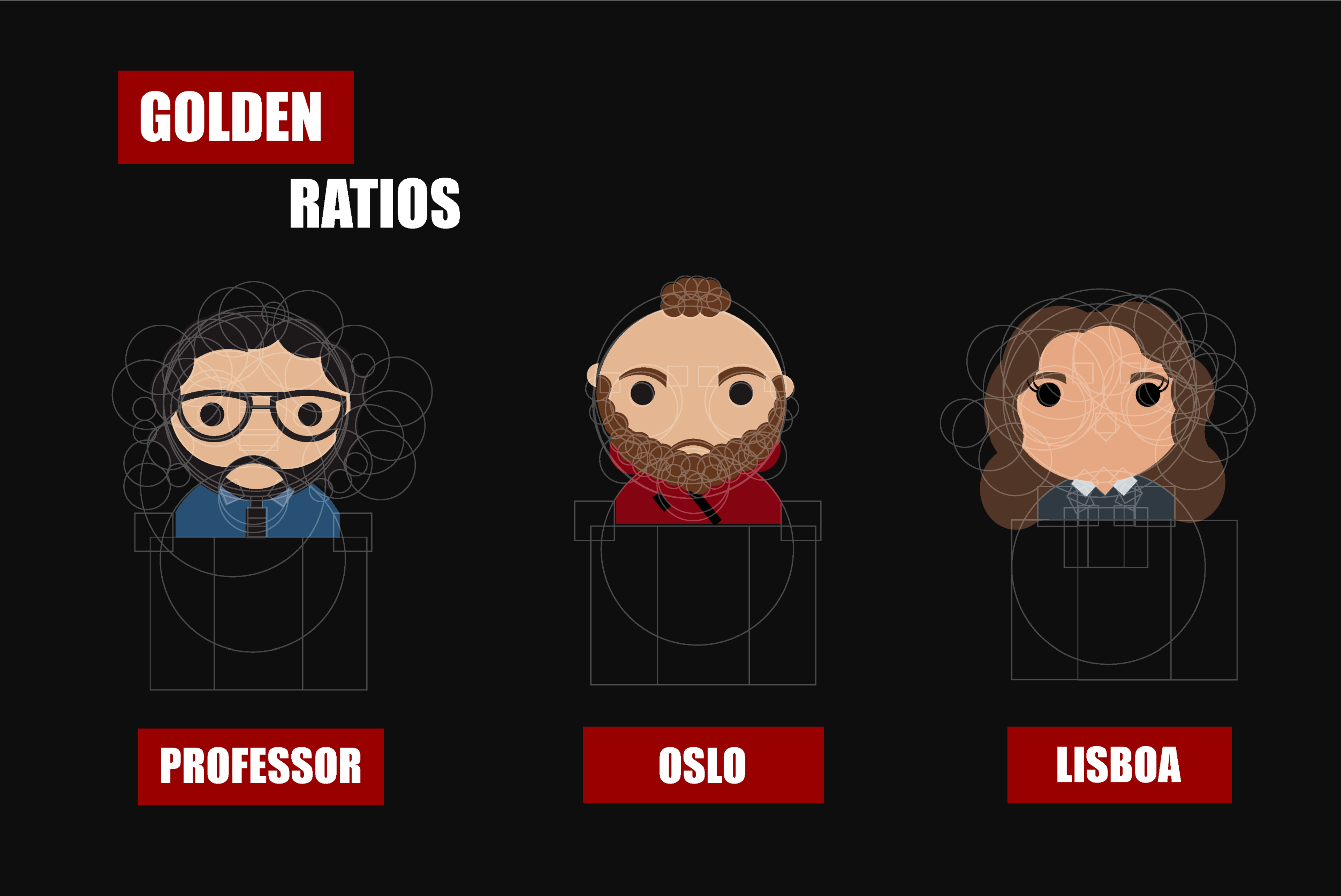 Golden-ratio construction for the Professor, Oslo and Lisboa icons: circles and rectangles overlaid on each head and body