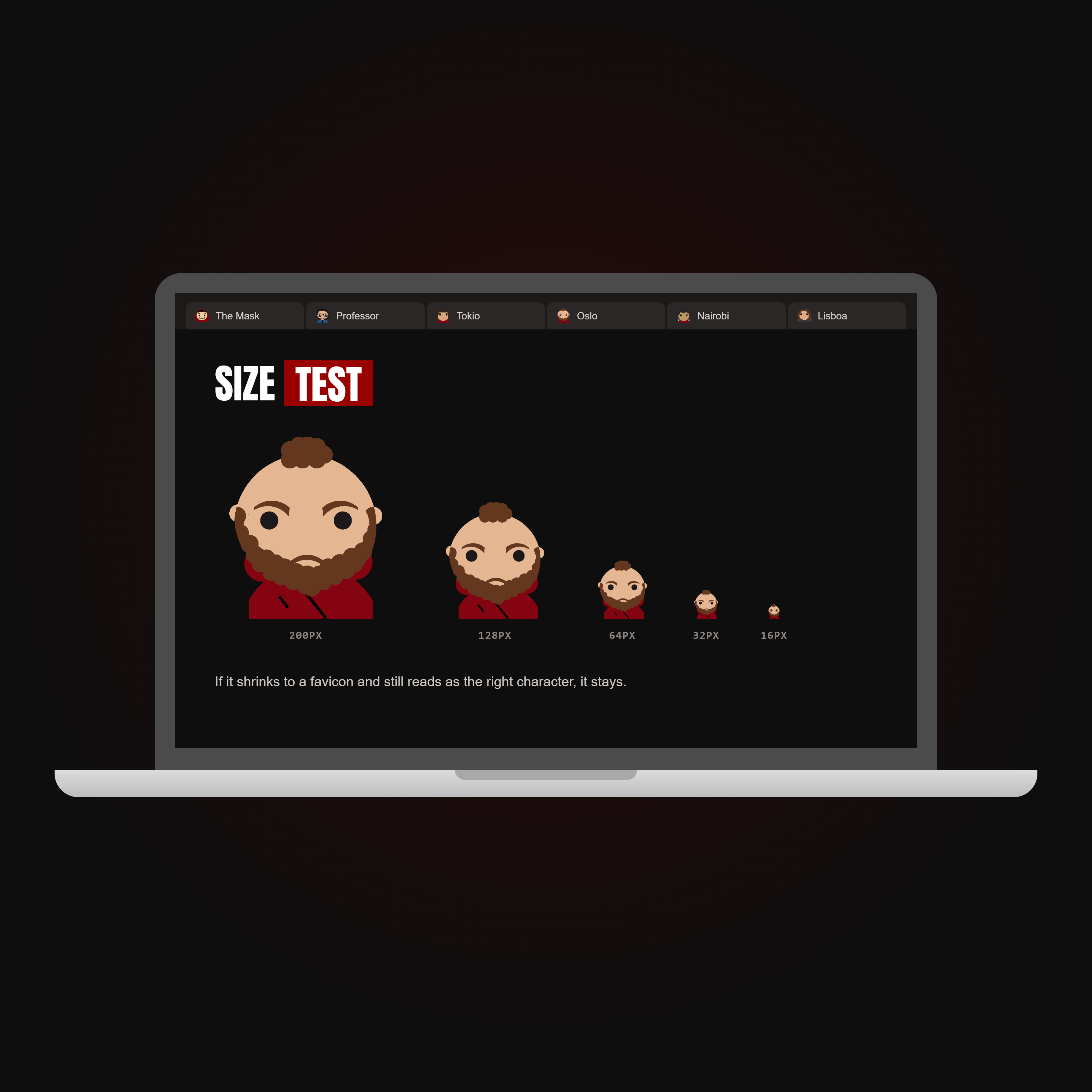 Size test: Oslo icon at 200, 128, 64, 32 and 16 pixels, also shown as browser tab favicons
