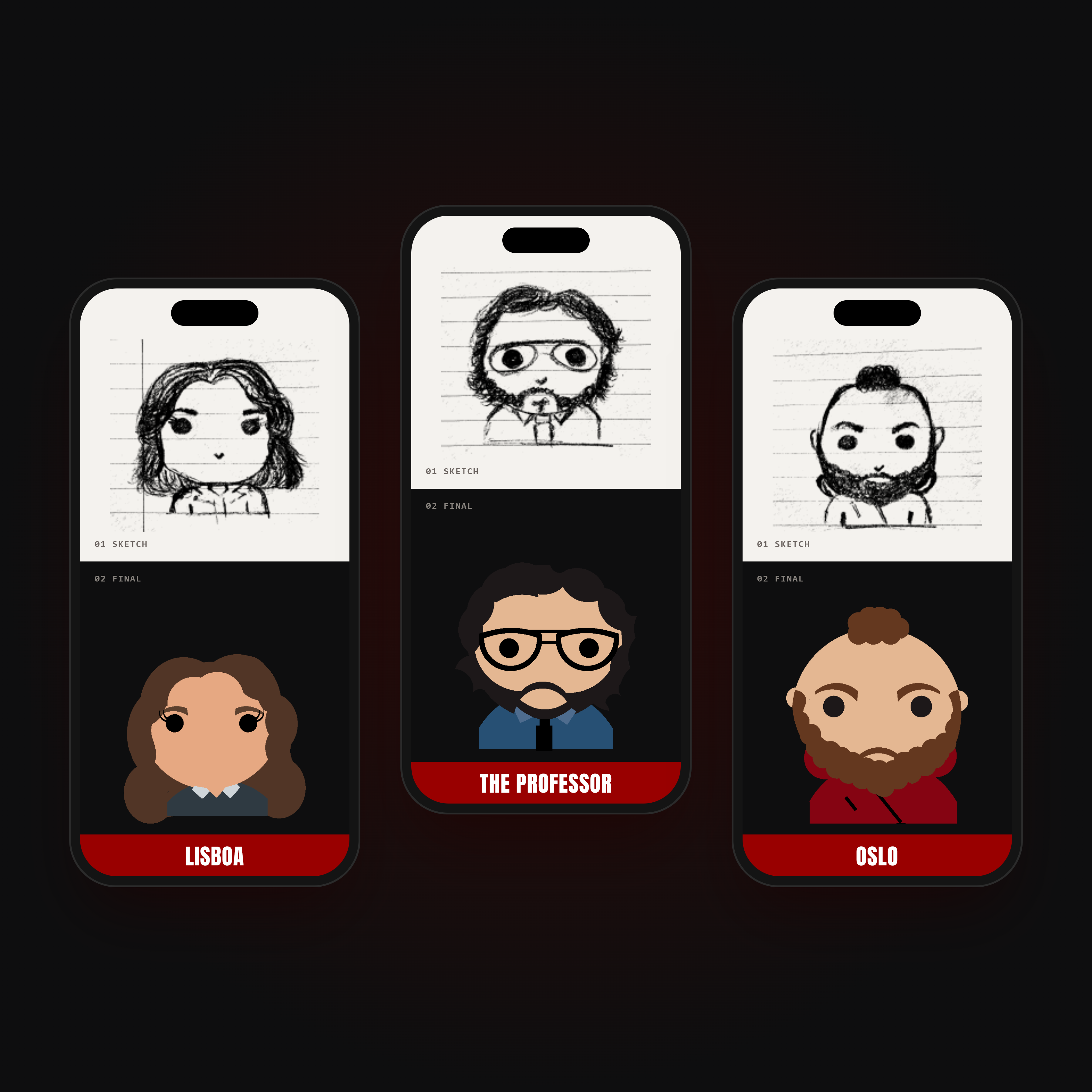 Three phones showing pencil sketches above the finished icons for Lisboa, the Professor and Oslo