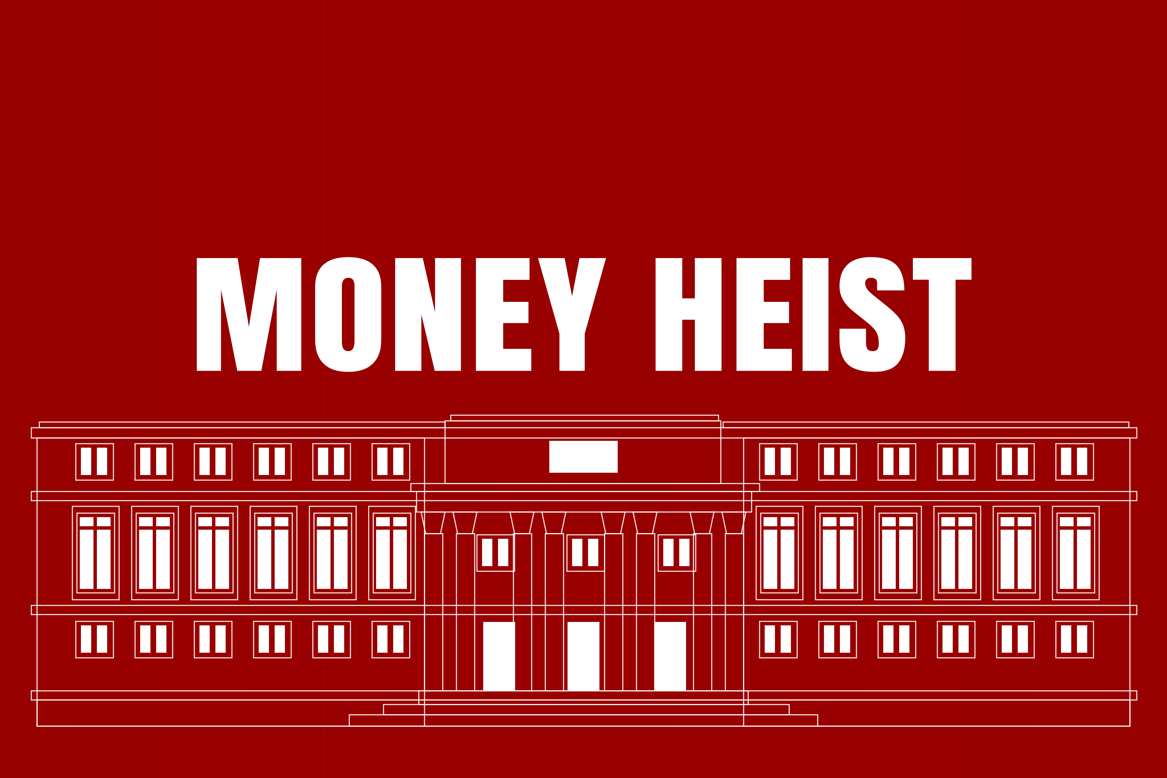 Money Heist title over a line drawing of the Royal Mint of Spain on red