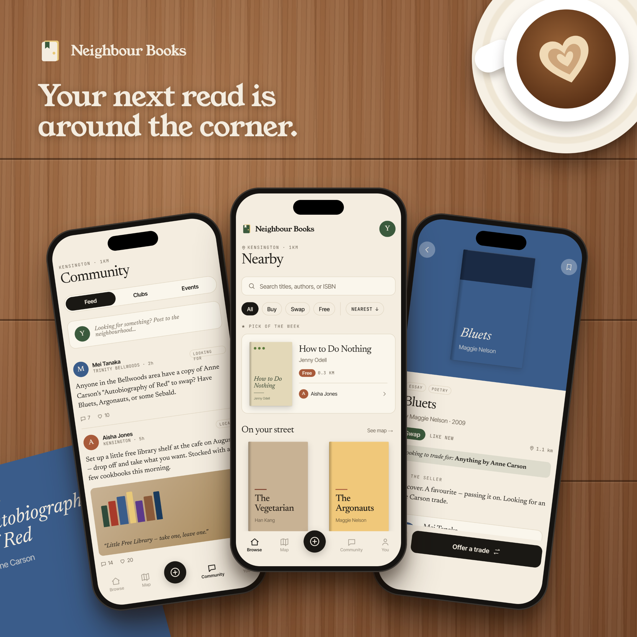Neighbour Books app on three phones