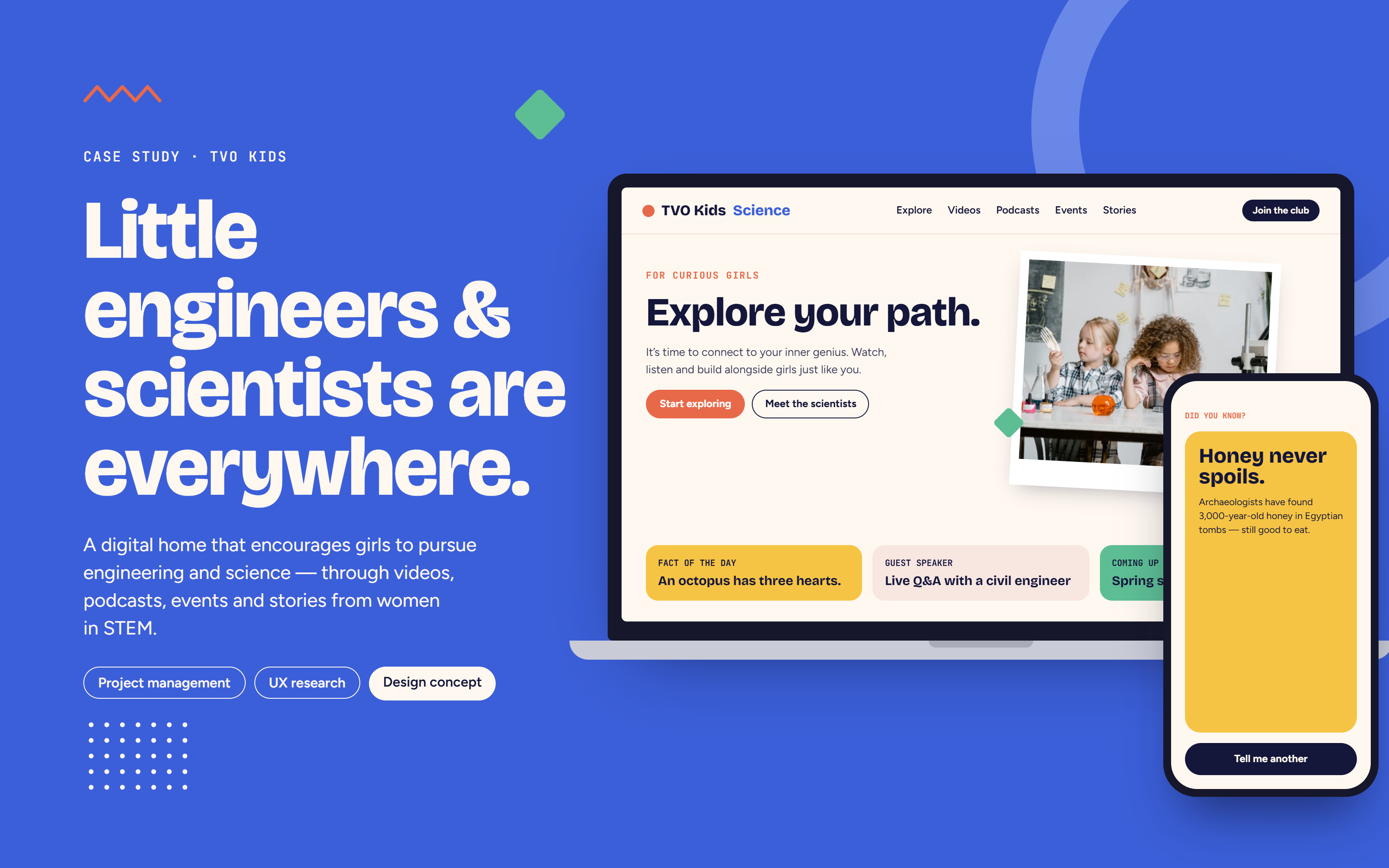 TVO Kids Science page mockups: home, videos and podcasts, and events