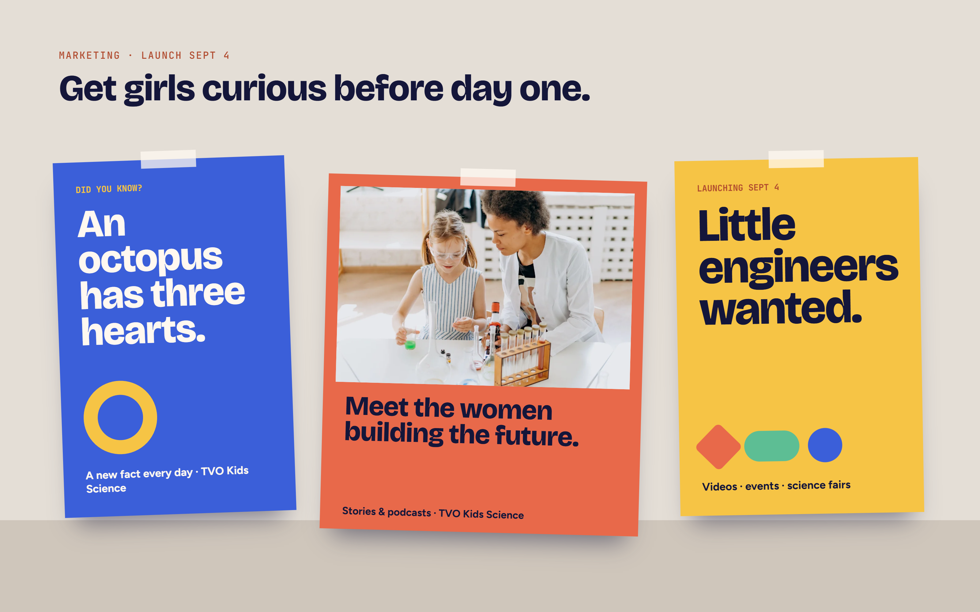 Three launch posters: a fact of the day, women building the future, and little engineers wanted