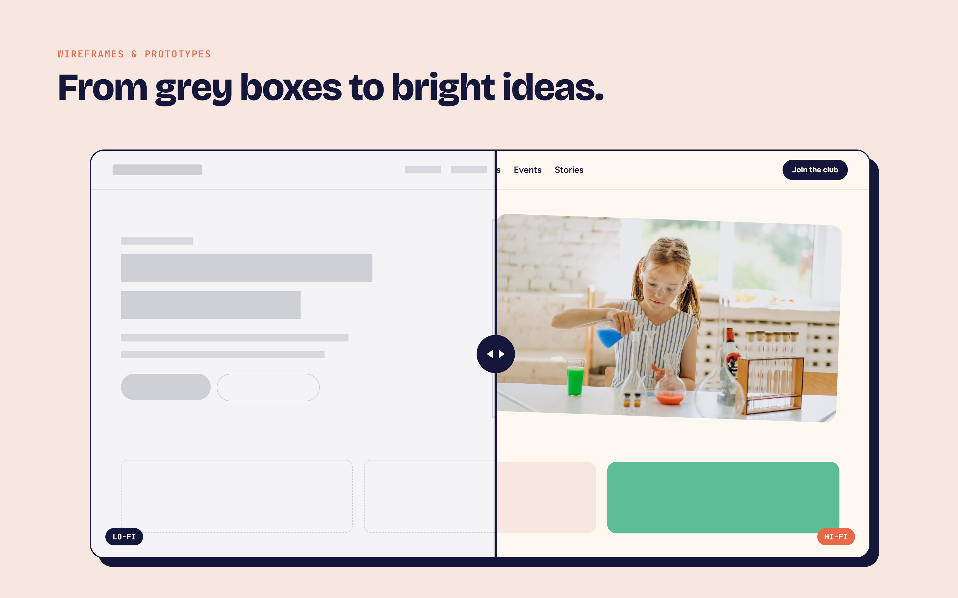 Lo-fi wireframe beside the hi-fi homepage, split down the middle